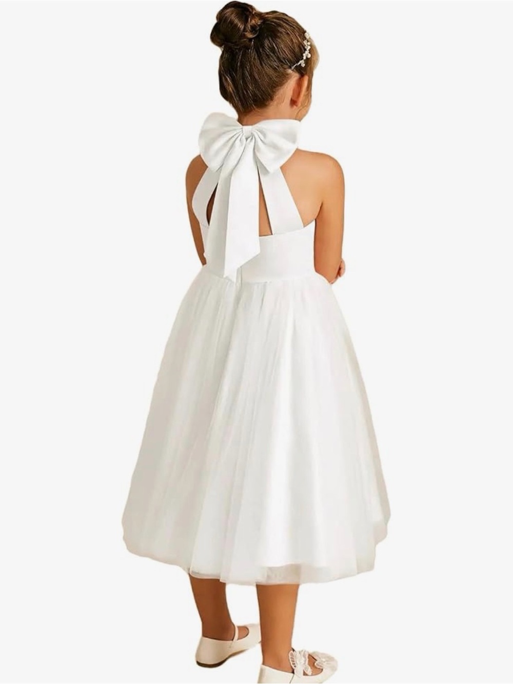 White Tulle Bow-Back Flower Girl Dress for Kids